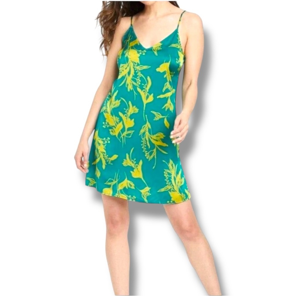 Stars Above Teal/Yellow Silky Floral Tropical Print Sleeveless Mini Slip Dress